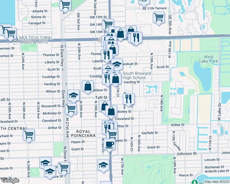 map of restaurants, bars, coffee shops, grocery stores, and more near 1719 Taft Street in Hollywood