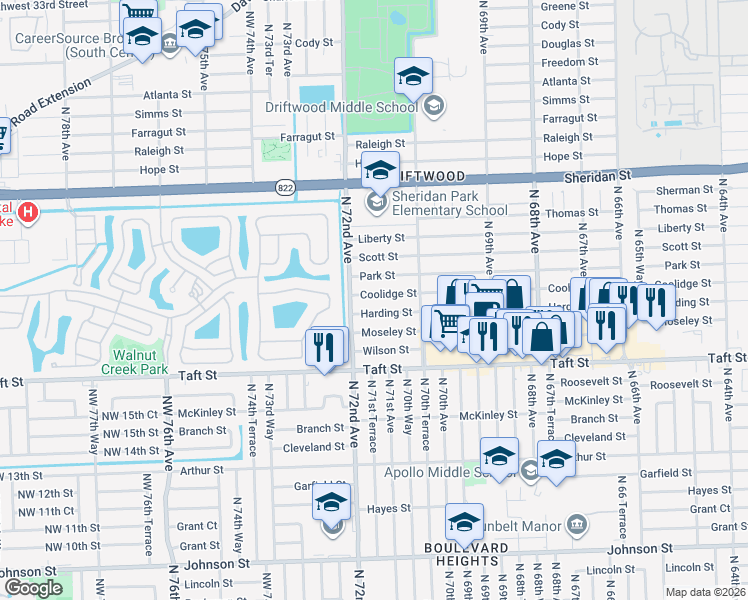 map of restaurants, bars, coffee shops, grocery stores, and more near 7181 Harding Street in Hollywood
