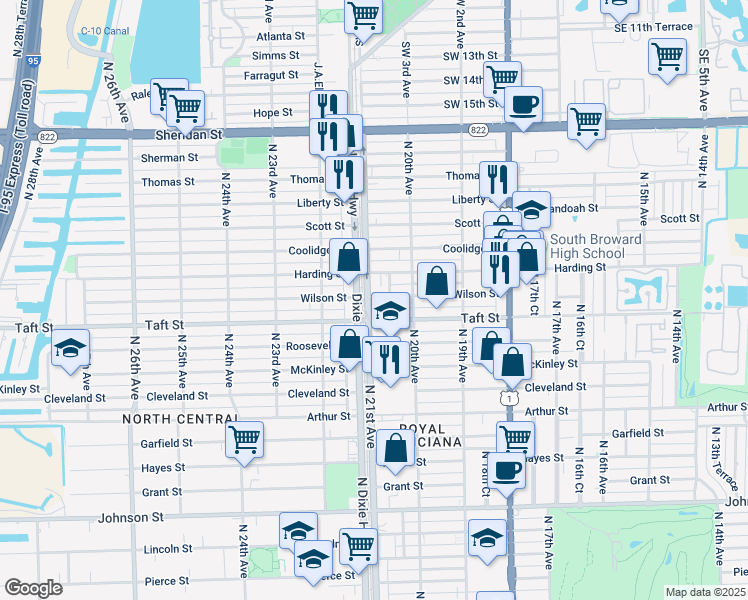 map of restaurants, bars, coffee shops, grocery stores, and more near 1715 North 21st Avenue in Hollywood
