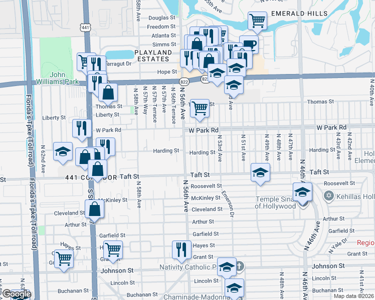 map of restaurants, bars, coffee shops, grocery stores, and more near 1840 North 56th Avenue in Hollywood