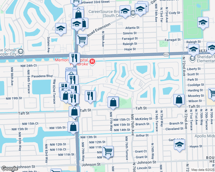 map of restaurants, bars, coffee shops, grocery stores, and more near 7830 Northwest 19th Court in Pembroke Pines