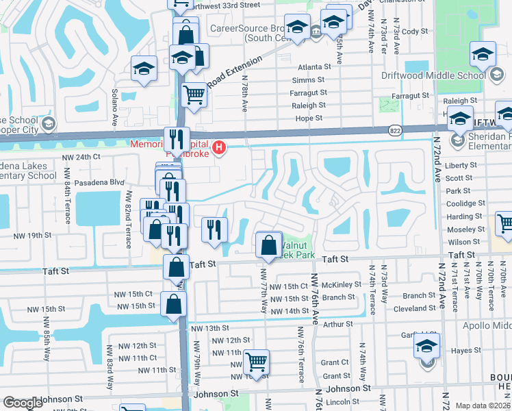 map of restaurants, bars, coffee shops, grocery stores, and more near 7830 Northwest 19th Court in Pembroke Pines