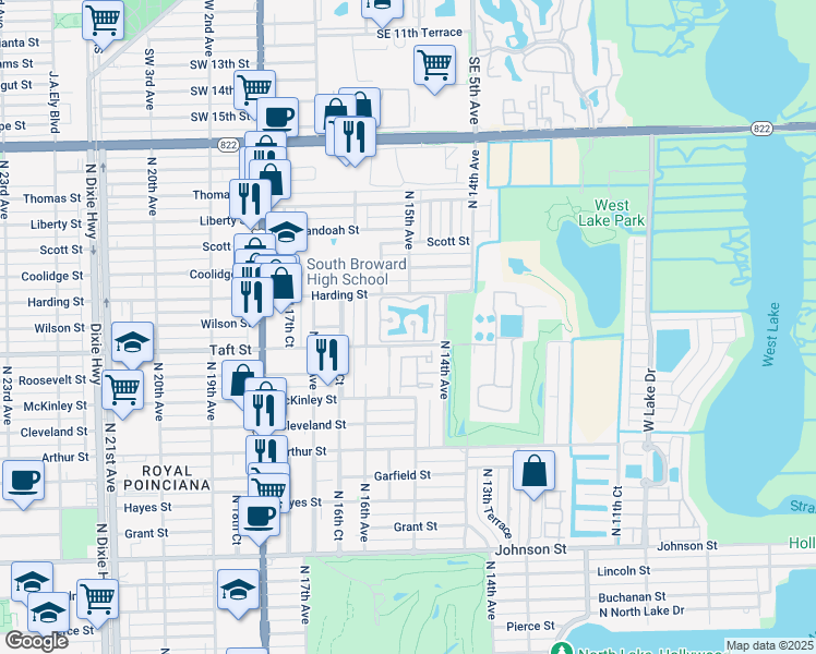 map of restaurants, bars, coffee shops, grocery stores, and more near 1515 South Trafalgar Circle in Hollywood
