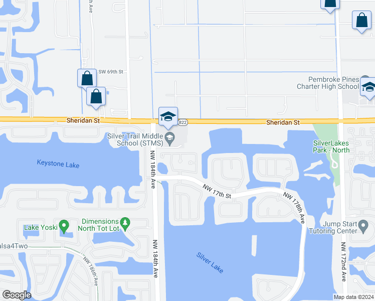 map of restaurants, bars, coffee shops, grocery stores, and more near 18255 Northwest 21st Street in Pembroke Pines