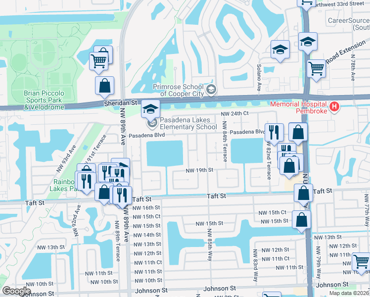 map of restaurants, bars, coffee shops, grocery stores, and more near 2000 Northwest 86th Terrace in Pembroke Pines