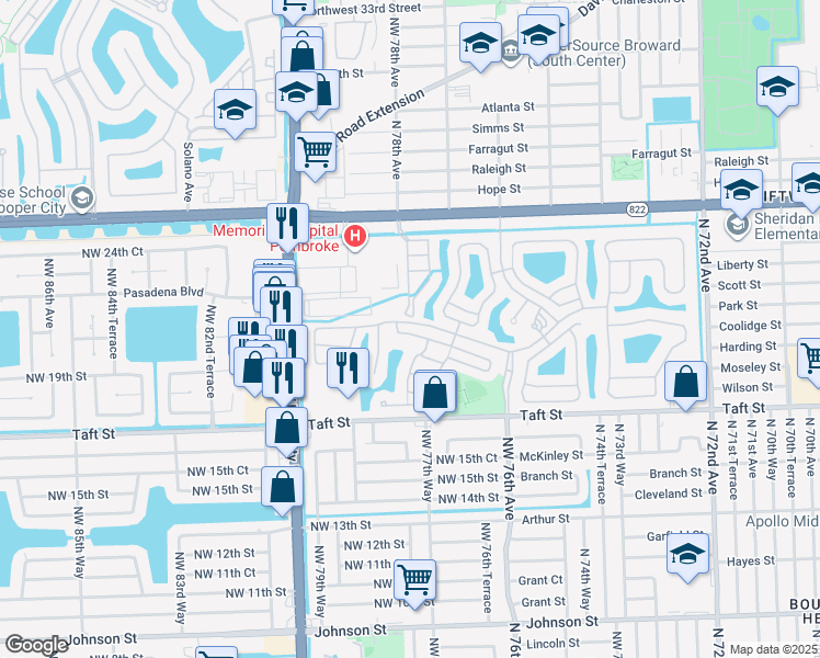 map of restaurants, bars, coffee shops, grocery stores, and more near 7845 Northwest 19th Court in Pembroke Pines