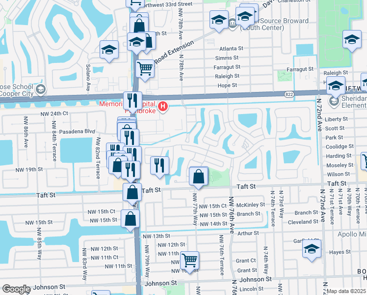 map of restaurants, bars, coffee shops, grocery stores, and more near 7865 Northwest 19th Court in Pembroke Pines