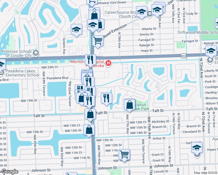 map of restaurants, bars, coffee shops, grocery stores, and more near 1808 Northwest 78th Way in Pembroke Pines