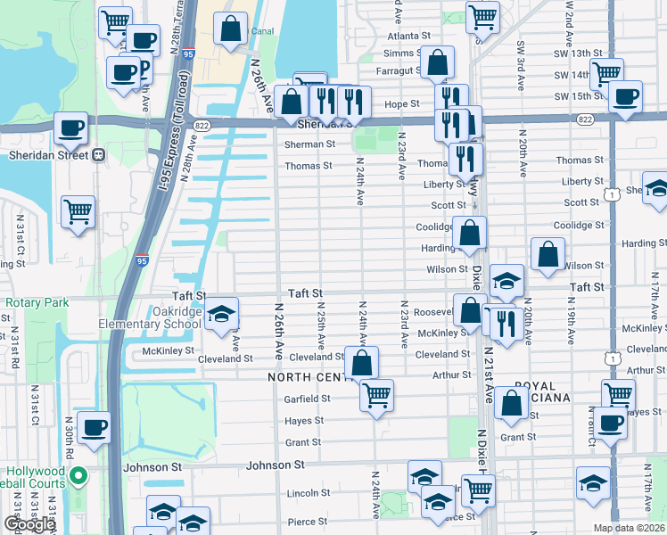 map of restaurants, bars, coffee shops, grocery stores, and more near 2446 Wilson Street in Hollywood