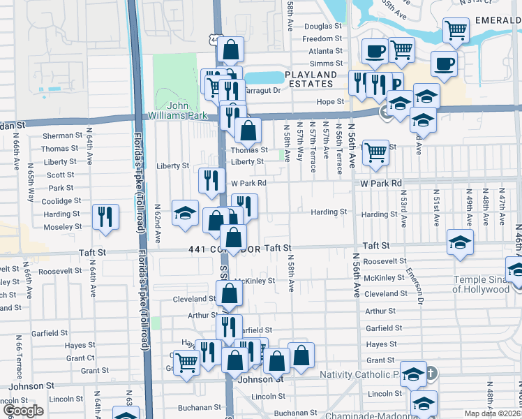 map of restaurants, bars, coffee shops, grocery stores, and more near 5900 Harding Street in Hollywood