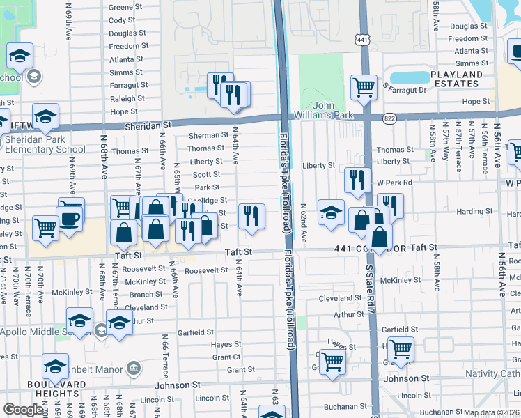 map of restaurants, bars, coffee shops, grocery stores, and more near 6361 Moseley Street in Hollywood