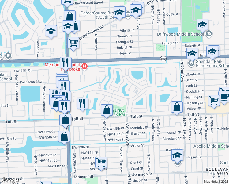 map of restaurants, bars, coffee shops, grocery stores, and more near 17 Hidden Court Road in Pembroke Pines