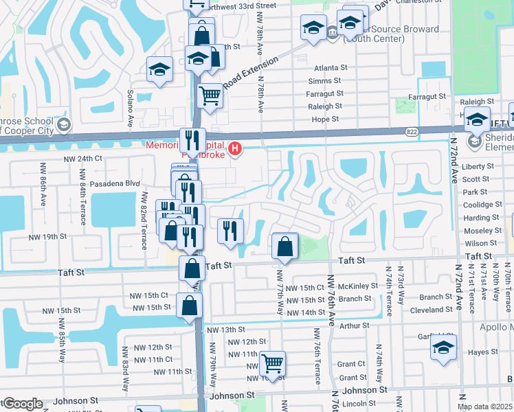 map of restaurants, bars, coffee shops, grocery stores, and more near 1808 Northwest 78th Way in Pembroke Pines