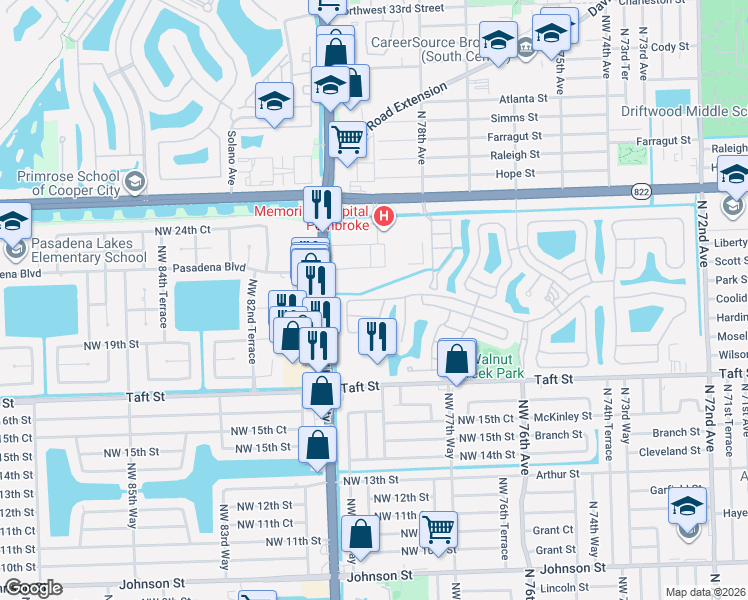 map of restaurants, bars, coffee shops, grocery stores, and more near 7967 Northwest 19th Court in Pembroke Pines