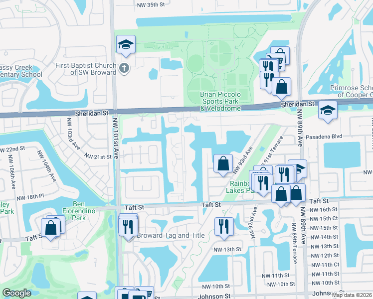 map of restaurants, bars, coffee shops, grocery stores, and more near 2151 Northwest 96th Terrace in Pembroke Pines