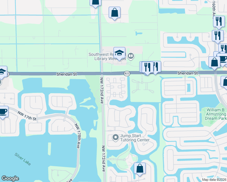 map of restaurants, bars, coffee shops, grocery stores, and more near 2198 Northwest 171st Terrace in Pembroke Pines
