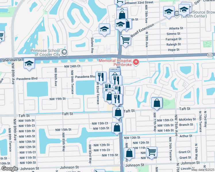 map of restaurants, bars, coffee shops, grocery stores, and more near 2050 Northwest 81st Avenue in Pembroke Pines