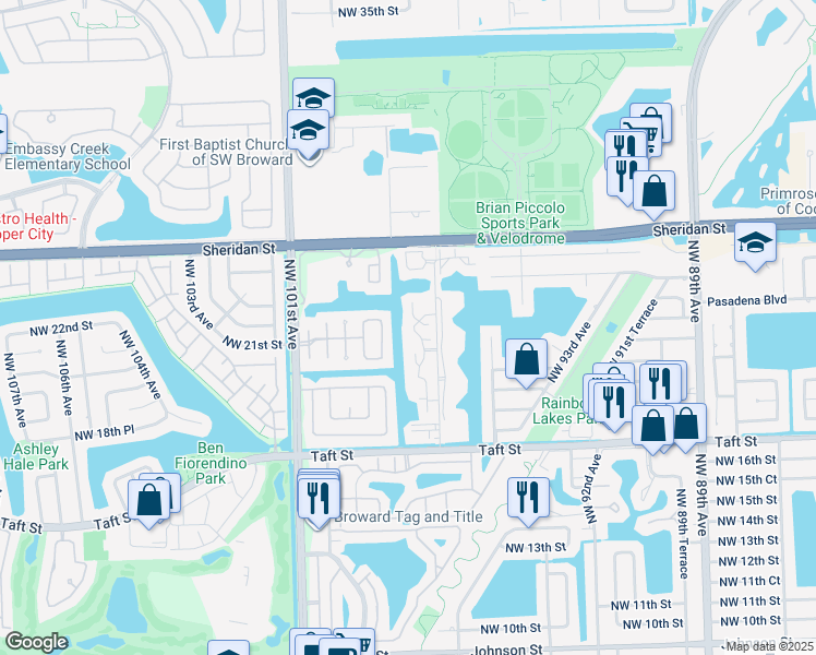 map of restaurants, bars, coffee shops, grocery stores, and more near 2180 Bayberry Drive in Pembroke Pines