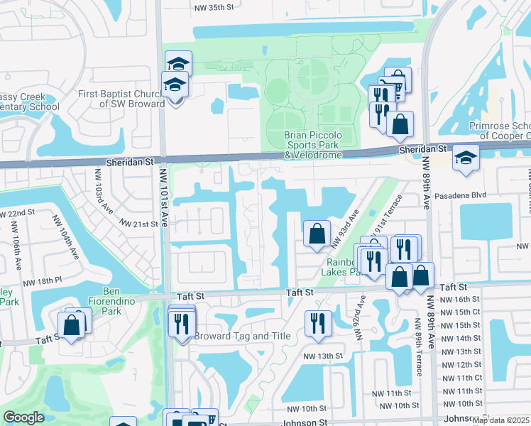map of restaurants, bars, coffee shops, grocery stores, and more near 2061 Northwest 96th Terrace in Pembroke Pines