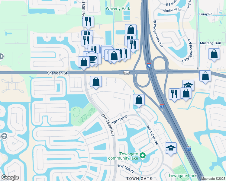 map of restaurants, bars, coffee shops, grocery stores, and more near 15813 Northwest 16th Court in Pembroke Pines