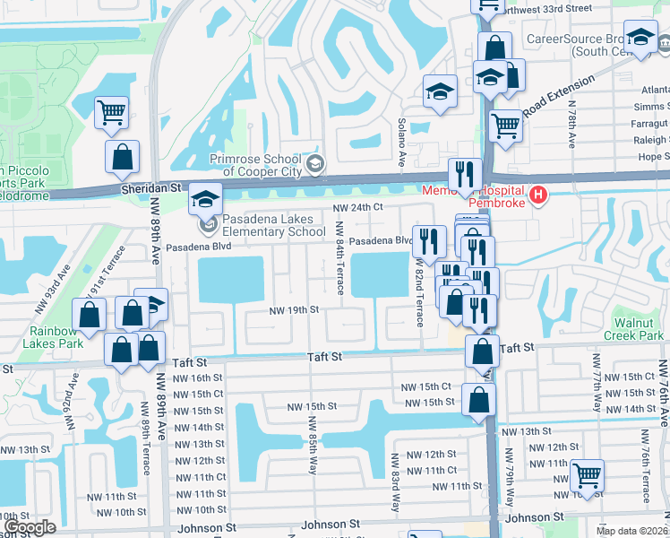 map of restaurants, bars, coffee shops, grocery stores, and more near 2070 Northwest 84th Terrace in Pembroke Pines