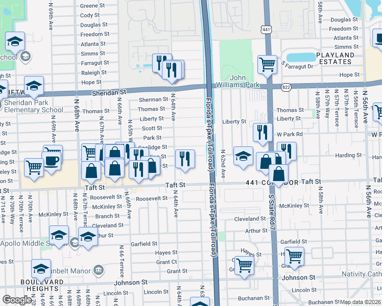 map of restaurants, bars, coffee shops, grocery stores, and more near 6361 Moseley Street in Hollywood