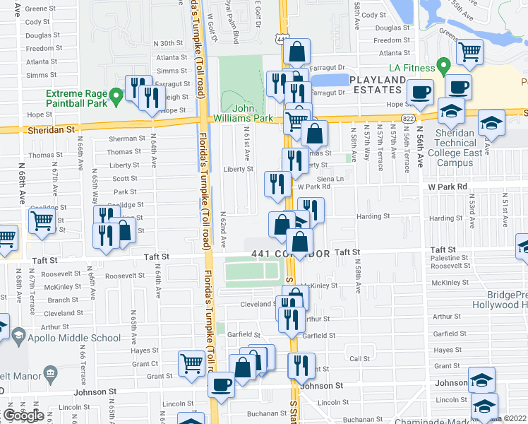 map of restaurants, bars, coffee shops, grocery stores, and more near 1891 North 61st Avenue in Hollywood