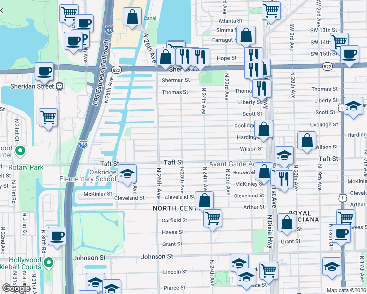 map of restaurants, bars, coffee shops, grocery stores, and more near 2446 Wilson Street in Hollywood