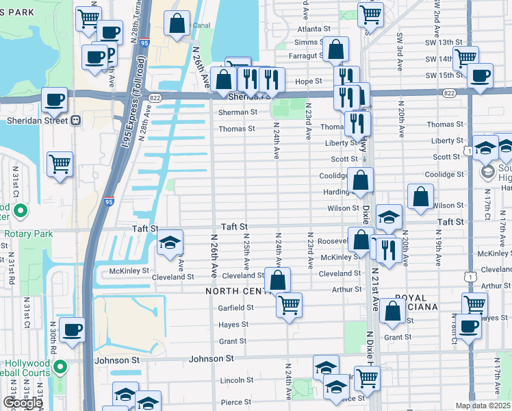 map of restaurants, bars, coffee shops, grocery stores, and more near 2446 Wilson Street in Hollywood