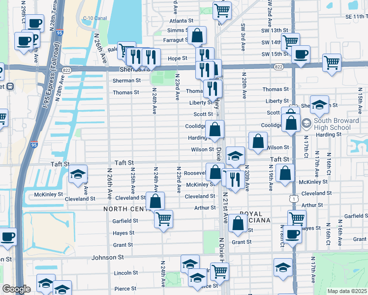 map of restaurants, bars, coffee shops, grocery stores, and more near 2237 Wilson Street in Hollywood