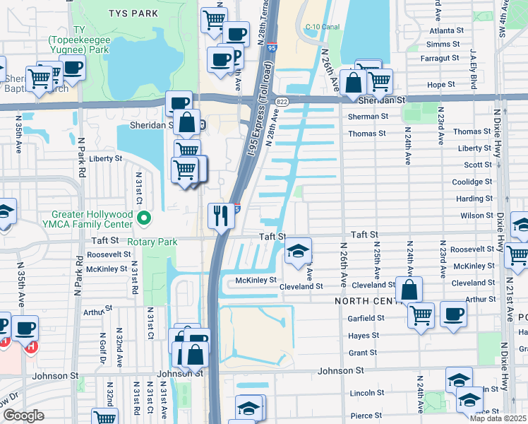 map of restaurants, bars, coffee shops, grocery stores, and more near 2761 Taft Street in Hollywood
