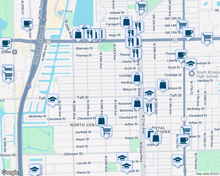 map of restaurants, bars, coffee shops, grocery stores, and more near 2314 Wilson Street in Hollywood