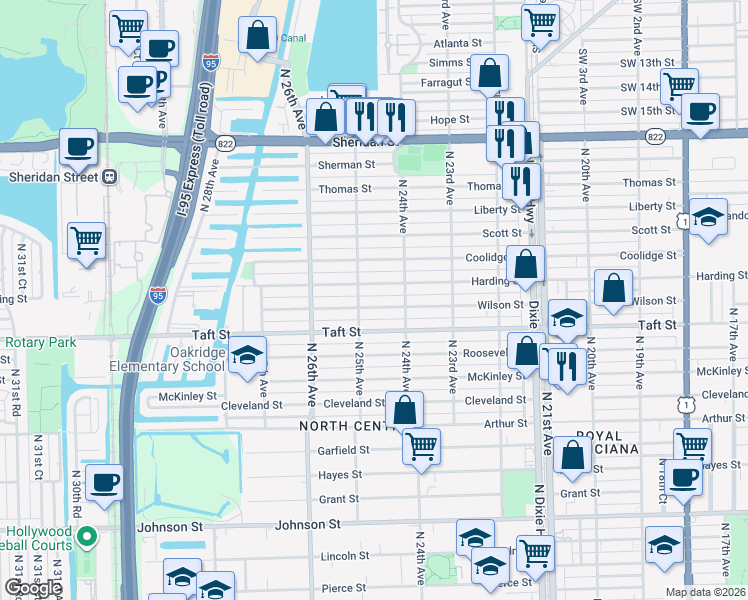 map of restaurants, bars, coffee shops, grocery stores, and more near 2446 Wilson Street in Hollywood