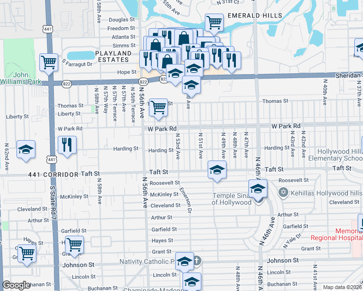 map of restaurants, bars, coffee shops, grocery stores, and more near 1820 North 53rd Avenue in Hollywood