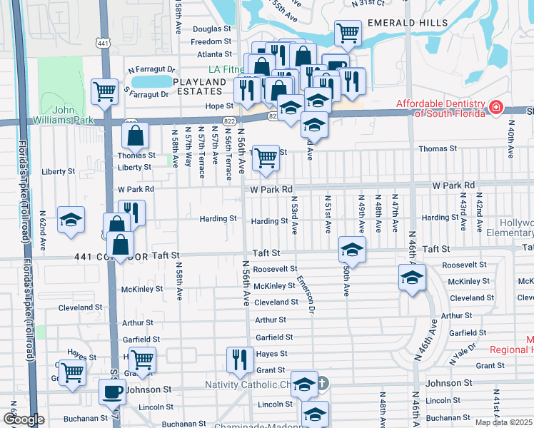 map of restaurants, bars, coffee shops, grocery stores, and more near 1825 North 55th Avenue in Hollywood