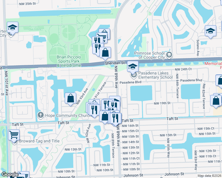 map of restaurants, bars, coffee shops, grocery stores, and more near 8966 Northwest 21st Street in Pembroke Pines
