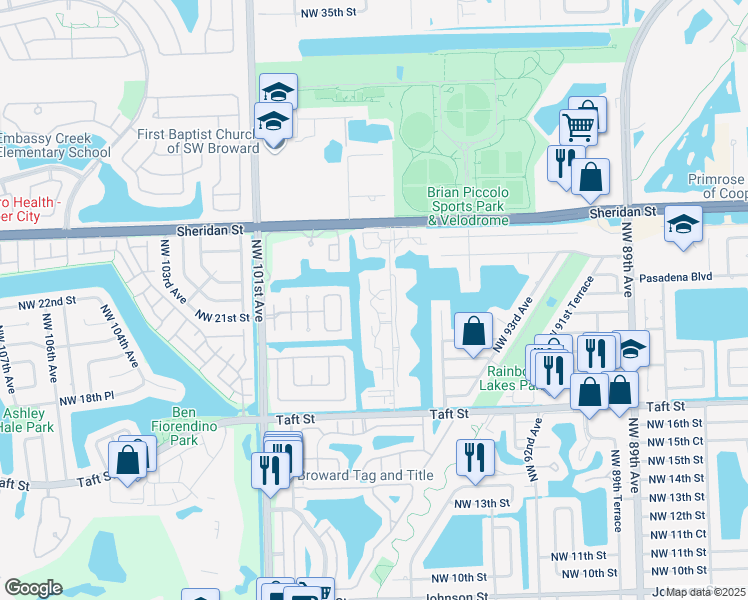 map of restaurants, bars, coffee shops, grocery stores, and more near 2110 Bayberry Drive in Pembroke Pines
