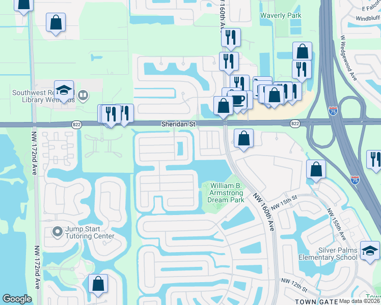 map of restaurants, bars, coffee shops, grocery stores, and more near 16238 Northwest 21st Street in Pembroke Pines