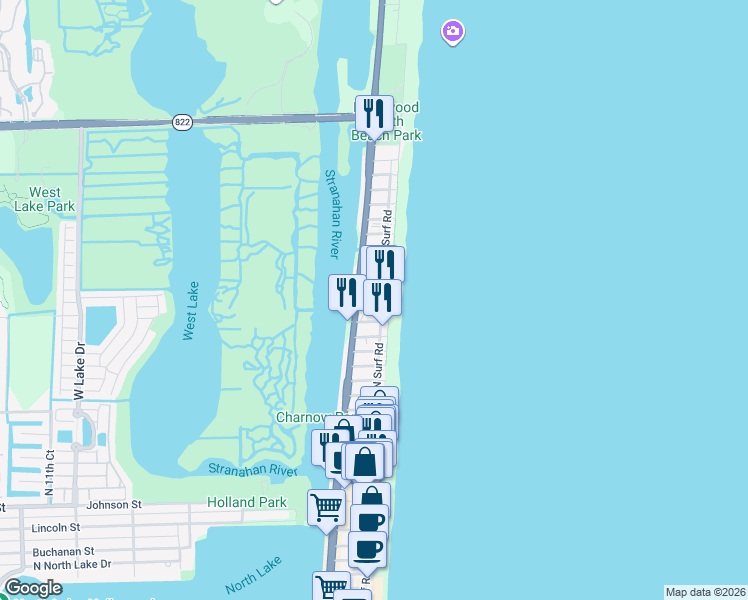 map of restaurants, bars, coffee shops, grocery stores, and more near 2400 North Surf Road in Hollywood