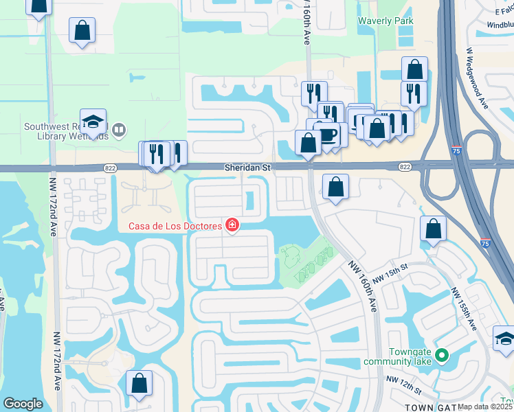 map of restaurants, bars, coffee shops, grocery stores, and more near 16238 Northwest 21st Street in Pembroke Pines