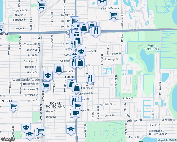 map of restaurants, bars, coffee shops, grocery stores, and more near 1625 Taft Street in Hollywood