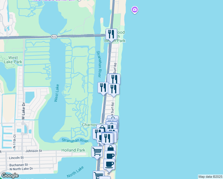 map of restaurants, bars, coffee shops, grocery stores, and more near 2501 North Ocean Drive in Hollywood