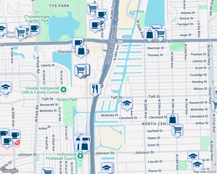map of restaurants, bars, coffee shops, grocery stores, and more near 2761 Taft Street in Hollywood