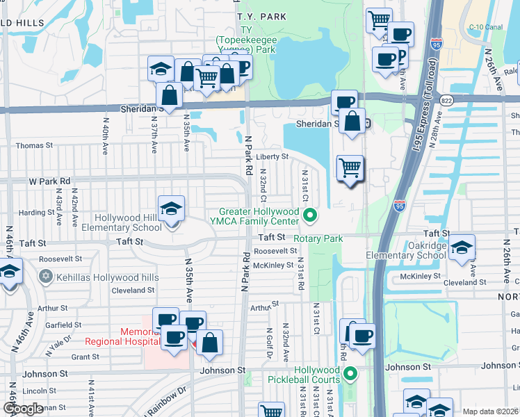 map of restaurants, bars, coffee shops, grocery stores, and more near 2001 North Park Road in Hollywood