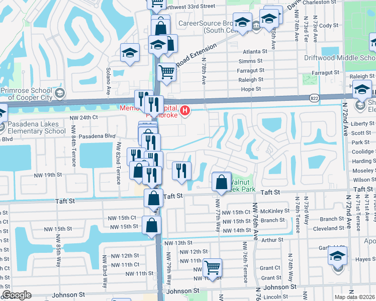 map of restaurants, bars, coffee shops, grocery stores, and more near 7925 Northwest 20th Street in Hollywood