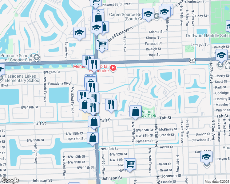 map of restaurants, bars, coffee shops, grocery stores, and more near 7925 Northwest 20th Street in Hollywood