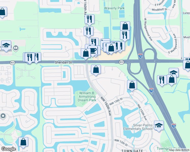 map of restaurants, bars, coffee shops, grocery stores, and more near 2191 Northwest 159th Avenue in Pembroke Pines
