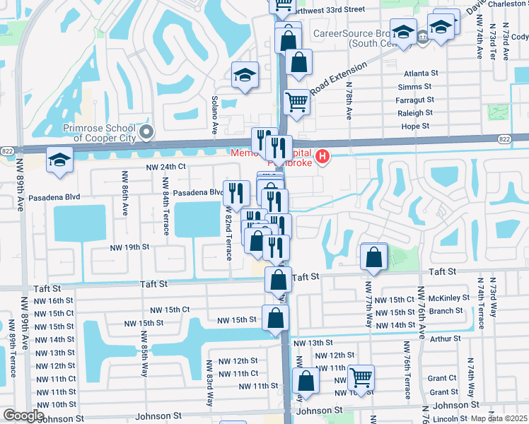 map of restaurants, bars, coffee shops, grocery stores, and more near 2051 Northwest 81st Avenue in Pembroke Pines