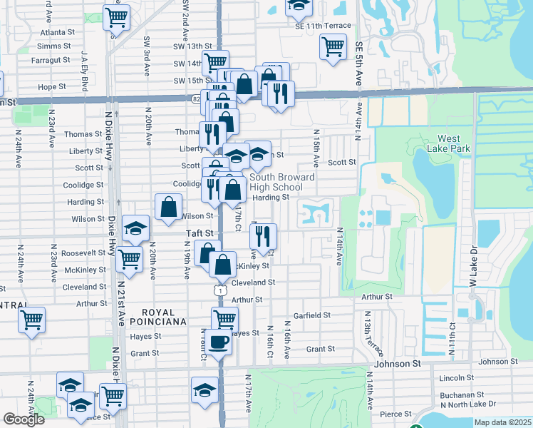 map of restaurants, bars, coffee shops, grocery stores, and more near 1618 Harding Street in Hollywood