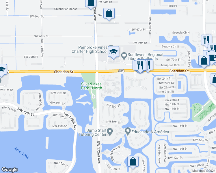 map of restaurants, bars, coffee shops, grocery stores, and more near 2297 Northwest 171st Terrace in Pembroke Pines